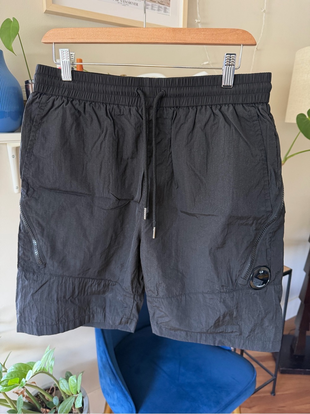 C.P. Company Black Lightweight Nylon Cargo Zip Drawstring Shorts